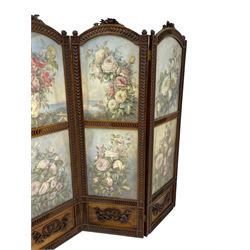 Victorian walnut framed four panel folding screen, the pediments in the form of rose flower heads with extending leafage and flanked by foliate finials, the eight glazed panels containing still life watercolours of floral compositions and rose bushes, above figured walnut panels with applied carved garlands and ribbons, within a border of incised overlapping shell motifs