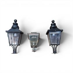 Pair of Victorian design black painted 'street' lamps, and a satin chrome light fitting