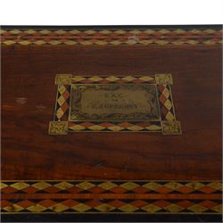 19th century rosewood writing slope, of rectangular form, the hinged cover and front with inlaid foliate engraved brass corner panels, and inlaid marquetry and brass diamond borders, the cover with foliate engraved and named central plaque, opening to reveal a fitted and compartmented interior with gilt tooled black leather slope, H21cm W50cm D28.5cm