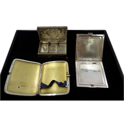  Silver cigarette case with cabachon sapphire catch by Goldsmiths and Silversmiths London London 1916, silver compact (mirror missing) Birmingham 1953 and a Dutch silver three compartment stamp box approx 9oz  