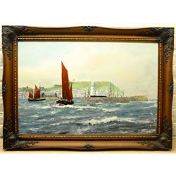 Robert Sheader (British 20th century): Lowestoft Herring Drifters off Scarborough, oil on board signed 50cm x 75cm