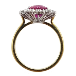 18ct gold pink sapphire and diamond cluster ring, hallmarked, sapphire approx 3.10 carat