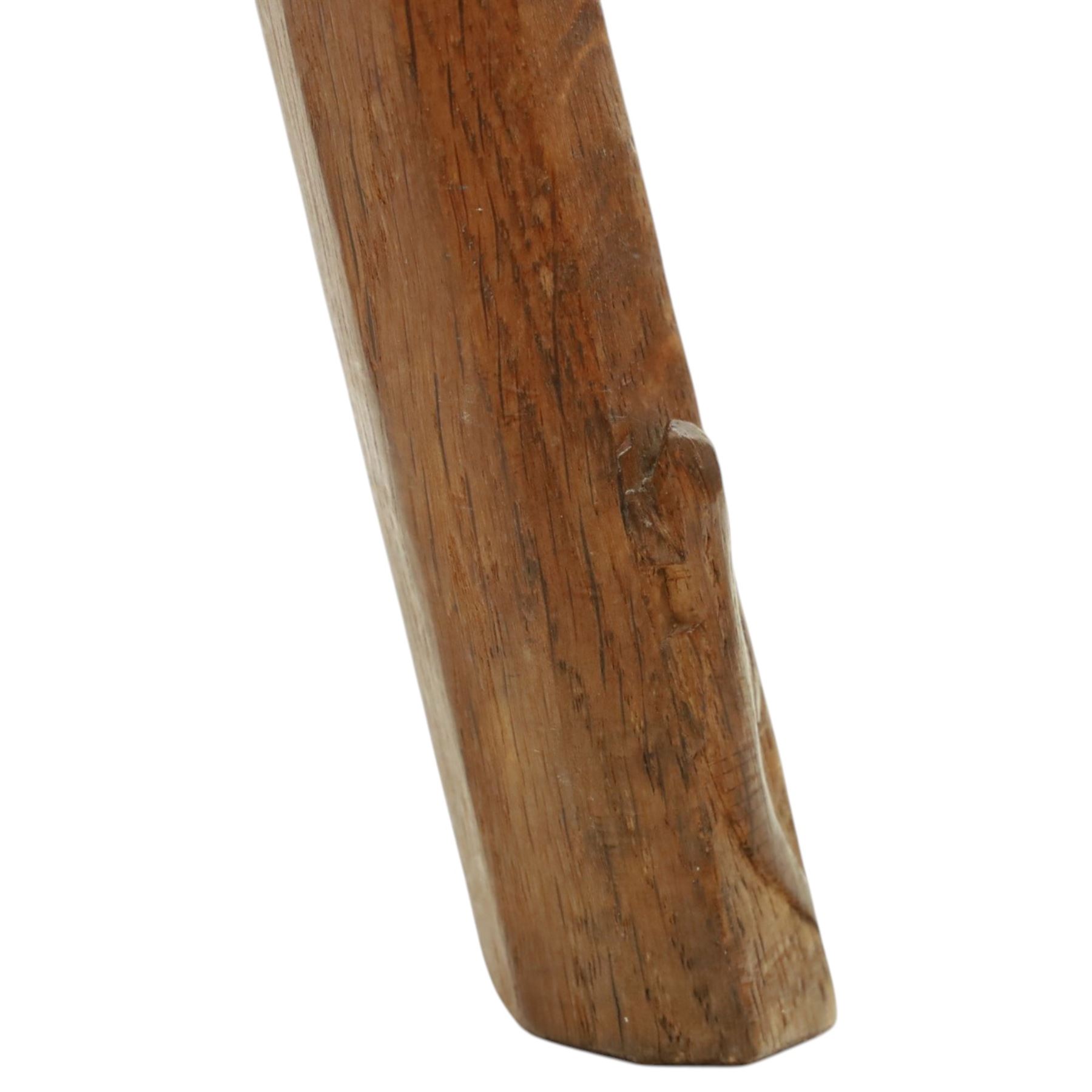 Lizardman - oak milking stool, shaped top with four octagonal supports with carved lizard signature by Derek Slater of Crayke