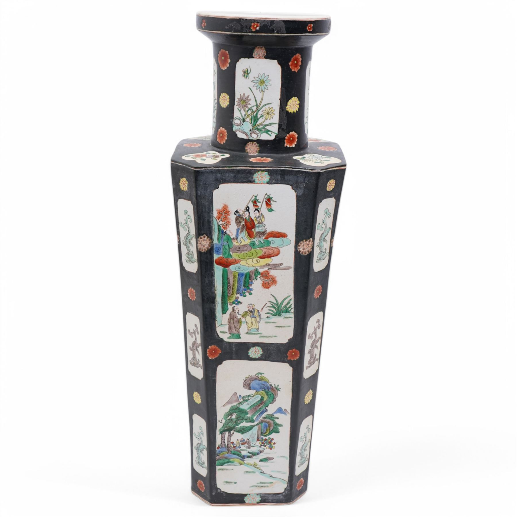 Chinese square section vase with canted corners decorated with panels of figures and landscapes on a black ground circa 1900 H51cm