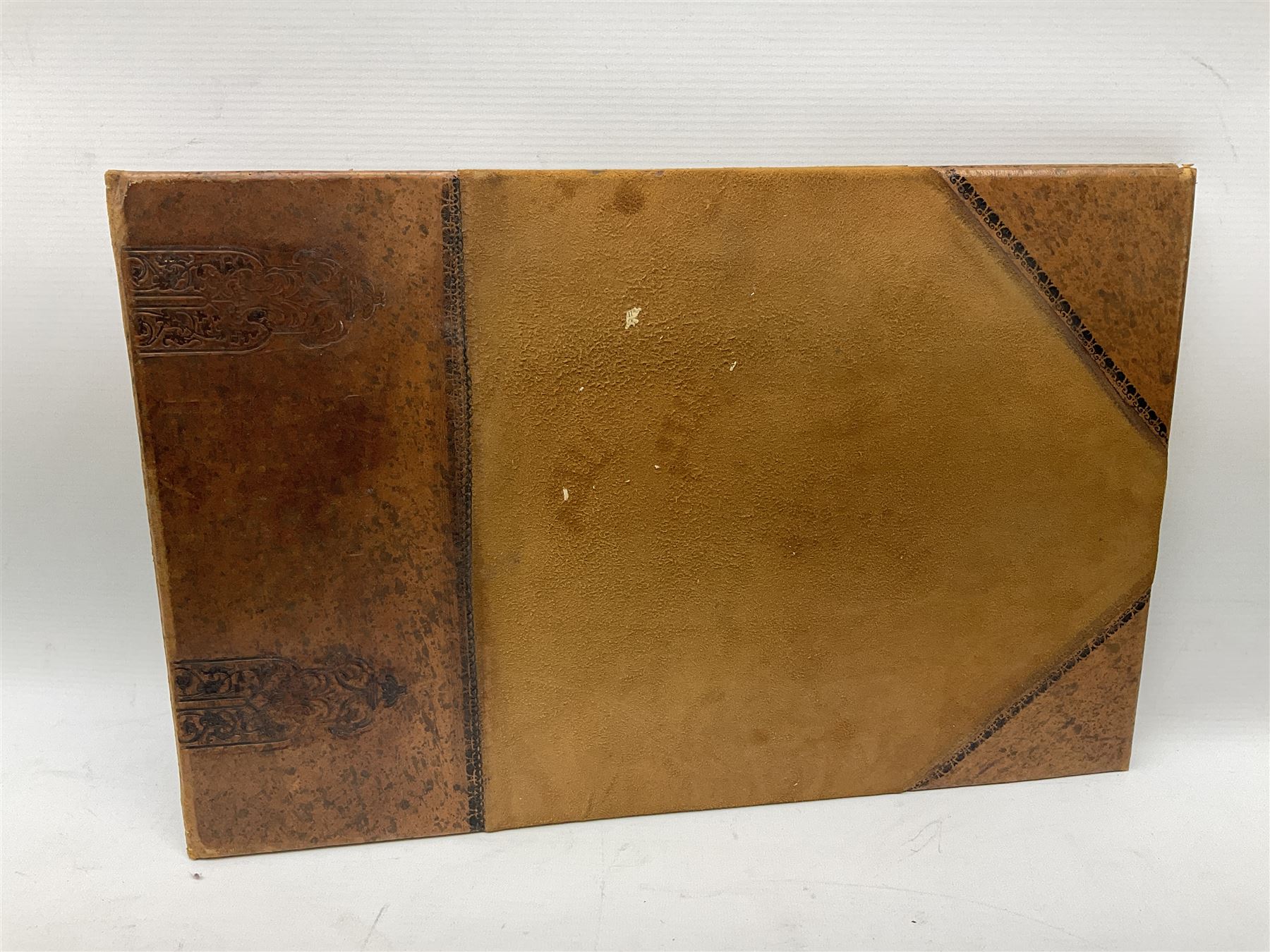 Samuel Buck: Ruins, Abbeys and Castles of Yorkshire. Bound collection of twenty-five engraved views dated 1720 - 1728 including Burstal Abbey Hull, Bolton Abbey, Whitby Abbey, Scarborough Castle, Malton Priory etc and list of subscribers; oblong folio; mottled half leather and suede binding by Etherington, Thorpe & Co., Pudsey