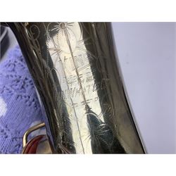 Lacquered brass 'King' alto saxophone inscribed Made by the H.N. White Co.' (Cleveland Ohio) with crook, serial no.84128; also stamped No.1 549 911 and Pat D 8-18-25; in fitted carrying case 
