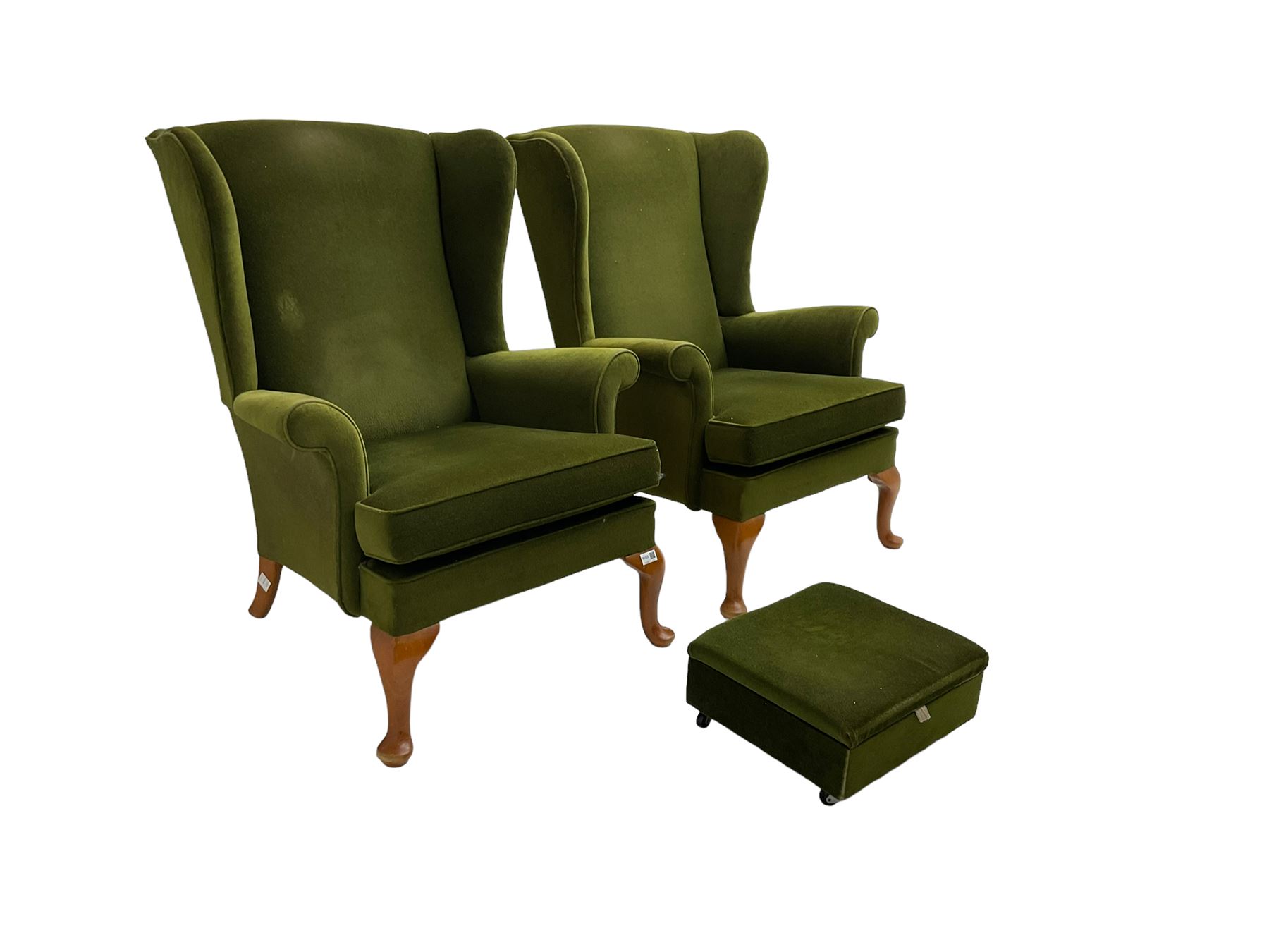 Parker Knoll - pair  vintage 'Penhurst' wingback armchairs, upholstered in olive green fabric on cabriole front supports