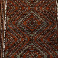 Afghan Turkmen Ersari hand-knotted rug, warm brown field decorated with a vertical arrangement of the elongated geometric guls formed by ram's horn hook motifs, enclosed by narrow ivory guard stripes, and a broad main border, with cotton fringe ends 