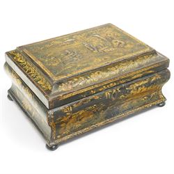 Regency period work box, of bombe form, decorated with bands of foliage surrounding Chinoi...