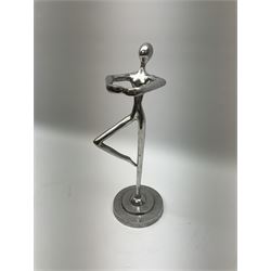 Trio of chrome figures of dancers, two upon square wooden plinths, tallest figure H45cm