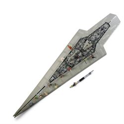 Three Lepin Star Wnrs built models, comprising Red Five X-Wing Starfighter no. 05039, Millennium Falcon no. 05132 and Super Star Destroyer no. 05028