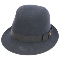 Mulberry felt trilby hat, no. U120, in navy blue with original tags, in red and gold Christy's London for Mulberry hat box