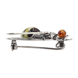 Silver Baltic amber bee brooch, stamped 925