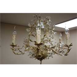 Pair of six branch French style cream metal finish chandeliers with prismatic drops, W61cm  