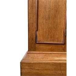 William Gostling of Diss  (Norfolk)-  Late 18th century 8-day oak longcase clock c1780-90, break arch top with scalloped cresting and three brass finials, glazed break arch hood door flanked by turned pilasters with brass capitals, trunk with a long trunk door and rounded top on a square plinth with an applied and shaped skirting, early painted Wilson of Birmingham dial with Roman numerals and five minute Arabic's, matching steel hands and second pointer, arched square ended calendar aperture with date disc behind, floral spandrels within gesso borders and a painted rocking automaton representing Mercury to the break arch, dial pinned via a false plate to a weight driven rack striking movement with a recoil anchor escapement, striking the hours on a cast bell. With pendulum weights and key. 
William Gostling (II) is recorded as working in Diss from 1774 to 1797, succeeded by widow Anne and son George . The dial of this clock is illustrated and discussed in detail in M.F. Tennants book 