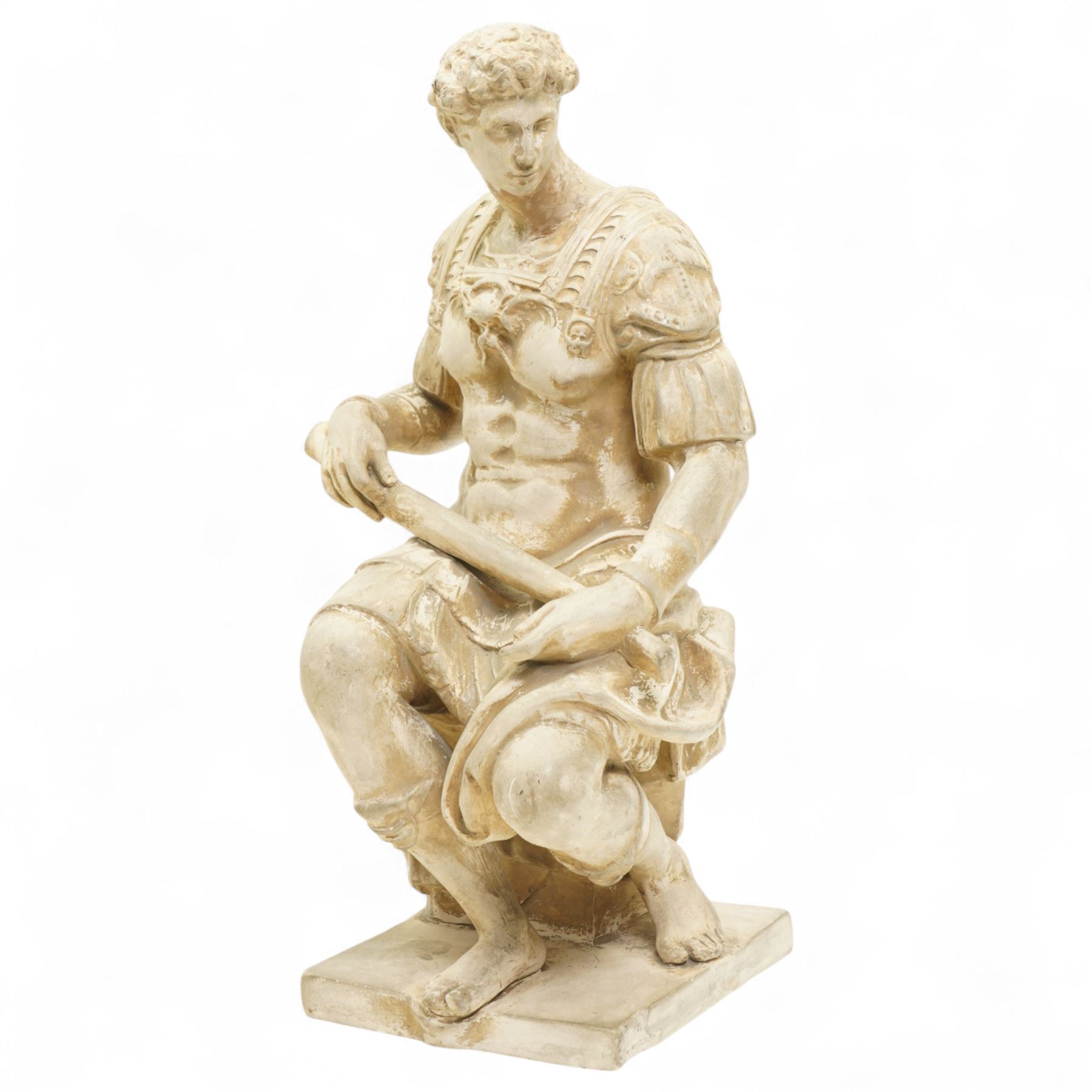 After Michelangelo (Italian 1475-1564) 19th century Florentine plaster figure of Guiliano de Medici as a Roman consul, impressed mark to base H44cm 