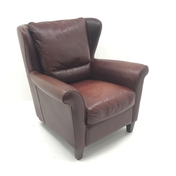  Natuzzi wingback style armchair, upholstered in maroon leather, W92cm  