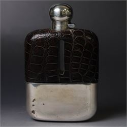 Early 20th century silver and leather mounted glass hip flask, with silver cover and removable silver cup engraved with name and date, hallmarked James Dixon & Sons Ltd, Sheffield 1919, H15cm