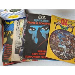 Eleven 1970's Oz magazines, together with shilling food price cards and an empty Dinky Centurion Tank box