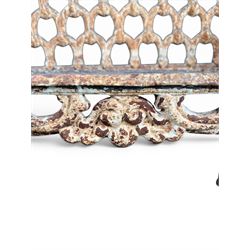 Victorian revival Carron Foundry design heavy cast iron two seat garden bench, scrolled arms with pierced lattice seat, finished in antique white paint