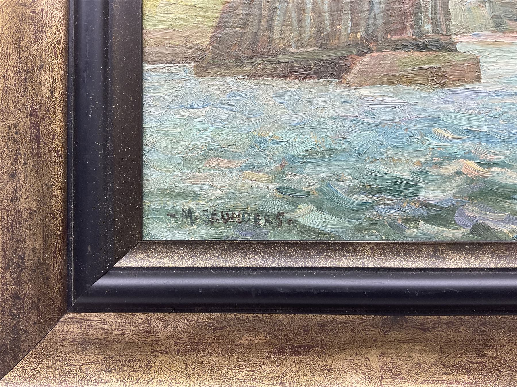 Michelle Saunders (British 1963-): 'Entering Whitby', oil on board signed, titled verso 19cm x 29cm