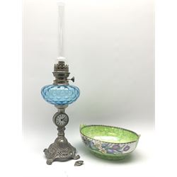 Table oil lamp incorporating a clock to the column and Maling lustre bowl (2)