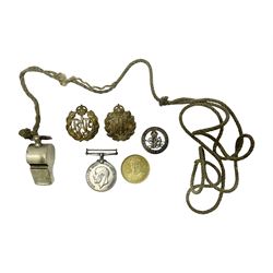 WWI J. Hudson & Co. Birmingham trench whistle dated 1916; WWI British War Medal awarded to 117363 Gnr. N.L. Wright R.A.; Services Rendered badge No.111643; RAF & RFC cap badges etc