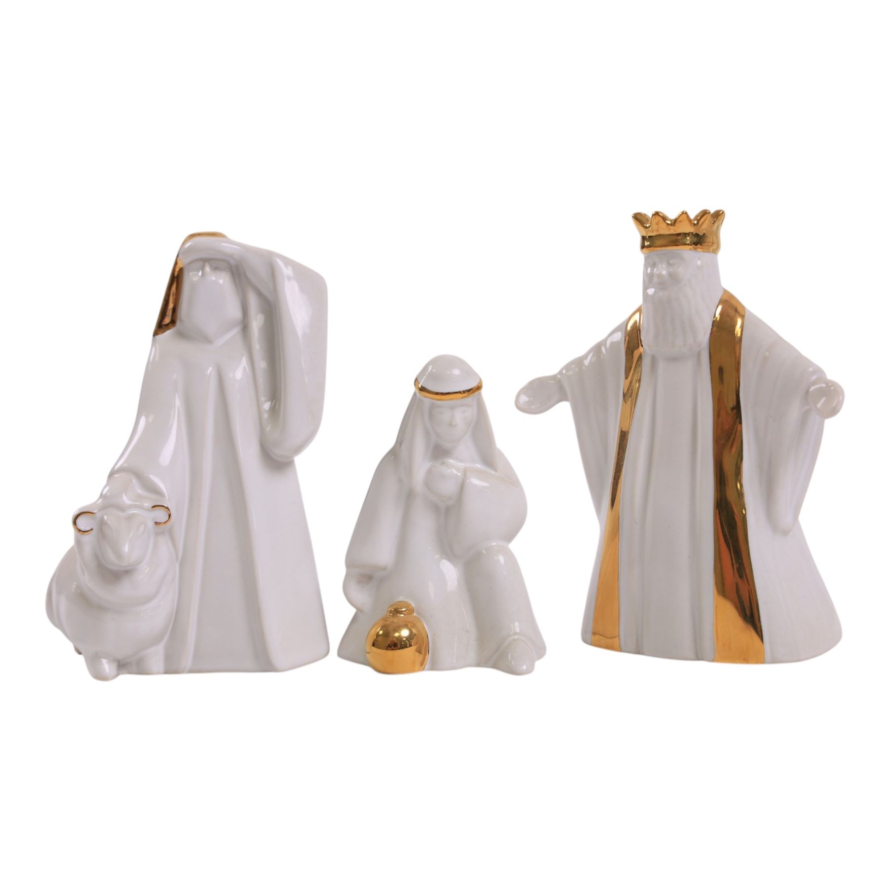Eight Wade Nativity figures, including three kings, two shepherds, donkey, Angel Gabriel, Mary and Jesus