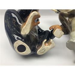 Large Sylvac monkey together with three smaller monkeys, together with Beswick Pigeon no 1383, Melba Ware hippo and baby and Royal Dux elephant 