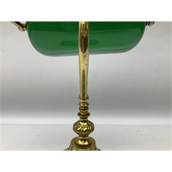 Brass bankers lamp with green glass shade on ornate base, H35cm