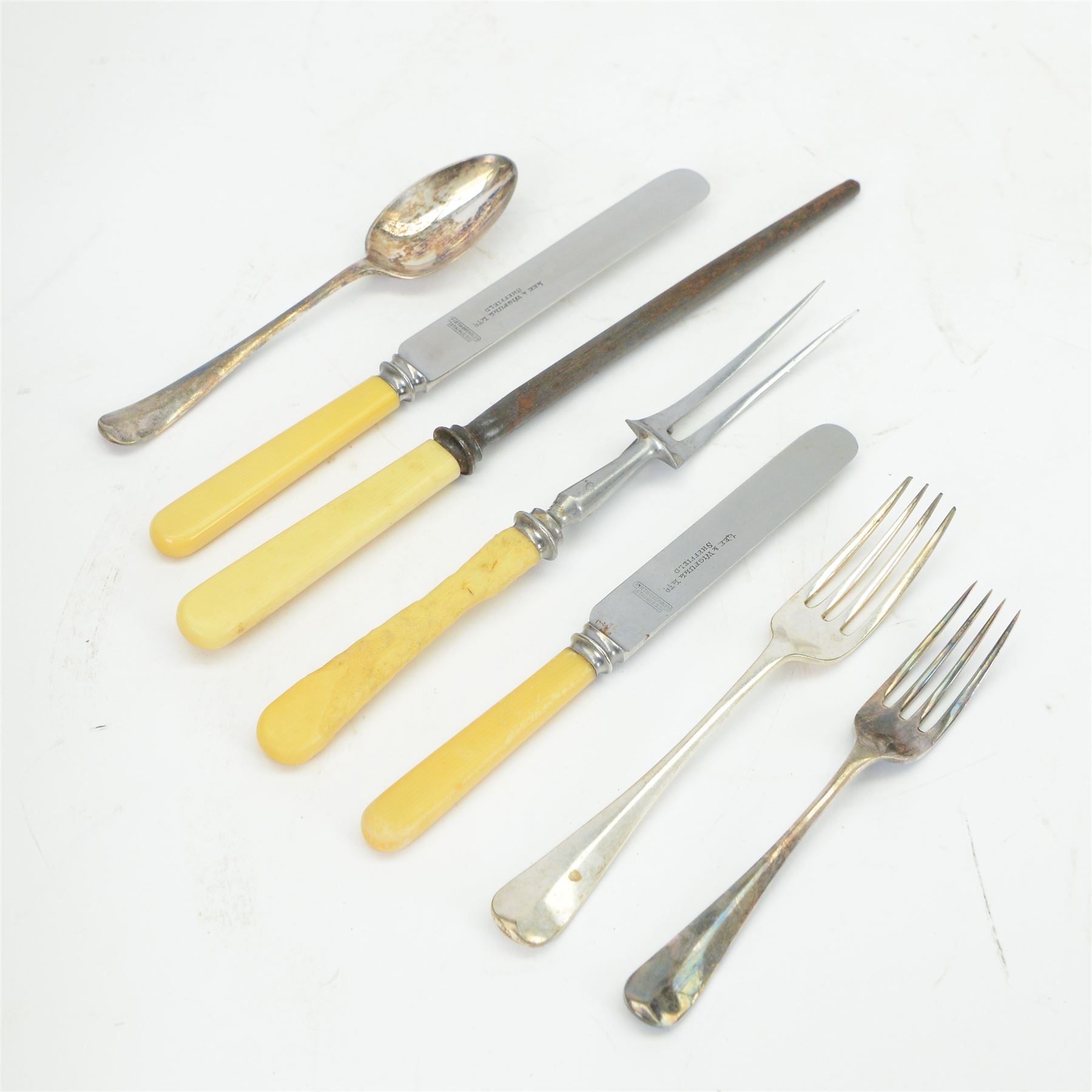 1930s part canteen of stainless steel cutlery with ivorine handles, contained within a wooden box with presentation engraving to cover