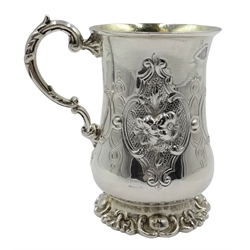  Victorian silver christening mug with embossed flower decoration and gilt interior by John Evans II, London 1855, H10cm, approx 5oz. Provenance Property of Bob Heath, Brandesburton Formerly of Ravenfield Hall Farm near Rotherham  