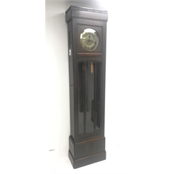 Early 20th century oak longcase clock, eight day movement striking on a coil, circular Arabic dial with embossed decoration, full length hinged door with bevel glass panels, H212cm (two weights, no pendulum) 