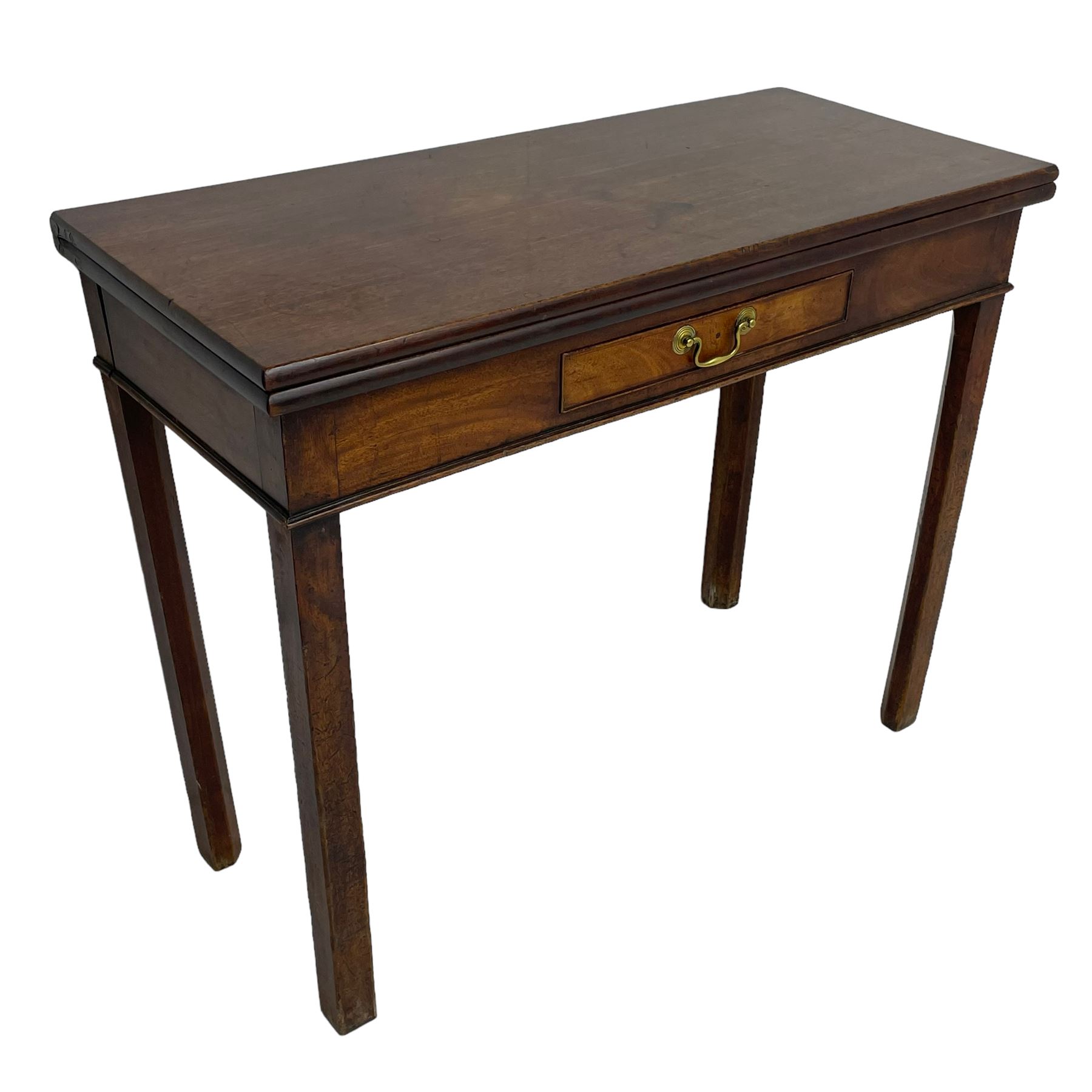George III mahogany tea or side table, fold-over top over single gate-leg action base, fitted with single cock-beaded drawer, raised on square supports with inner chamfer