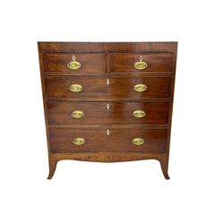 Regency mahogany straight-front chest, inlaid frieze, fitted with two short over three long graduating drawers, each with cock-beaded facias and bone escutcheons