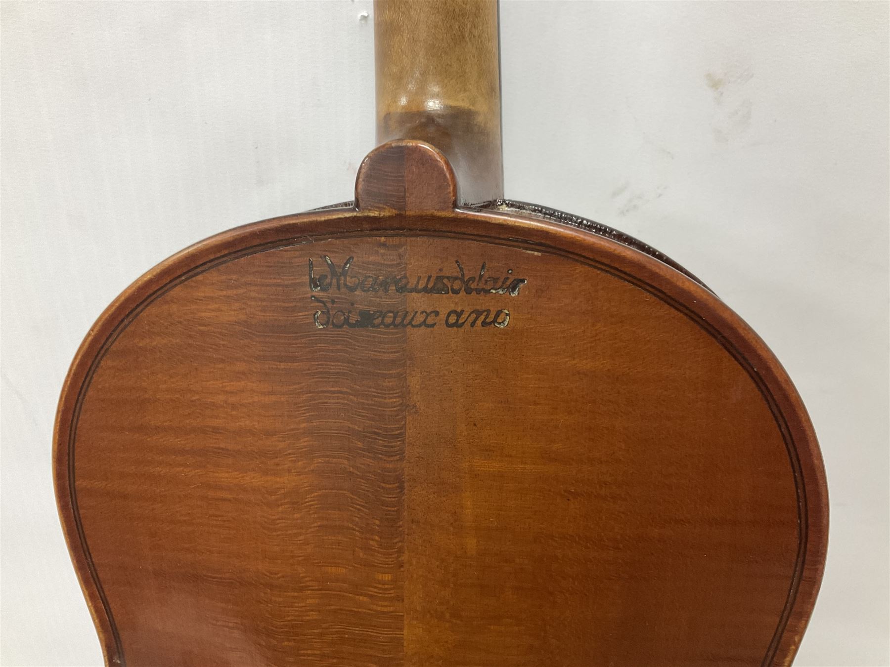 Four violins 1/8th size; half size with Nicolas Bertholini label; three-quarter size with Stradivarius copy label; and full size with Marquis De L'Air label (4)