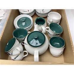 Denby Green Wheat pattern part tea and dinner wares, including serving platters, teacups, teapot, side plates, etc, all with stamped mark beneath