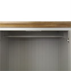 Barker & Stonehouse - Grey painted double wardrobe, with projecting oak cornice, fielded panelled doors, with wooden hanging rail, raised on bracket feet