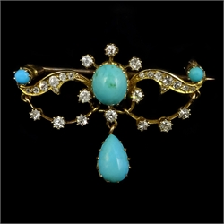  Gold diamond and turquoise brooch, stamped 15ct  