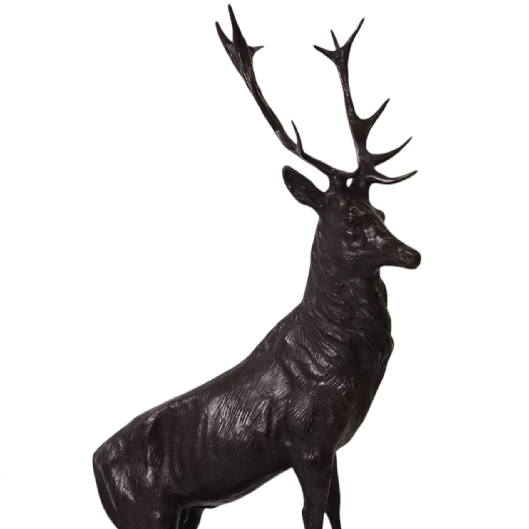 After Jules Moigniez (French 1835-1894): Pair of bronze stag figures on marble bases, each modelled alert standing on moulded rocky plinth on shaped marble bases, H74cm