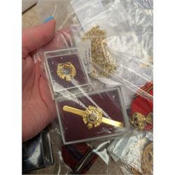 Collection of Masonic jewels, including silver example, together with military pin badges, two silver necklaces and other collectables