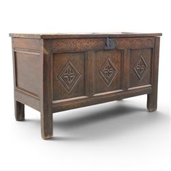 18th century style oak coffer, panelled rectangular top hinged to reveal storage with candle box, carved frieze and front panels, raised on stile feet