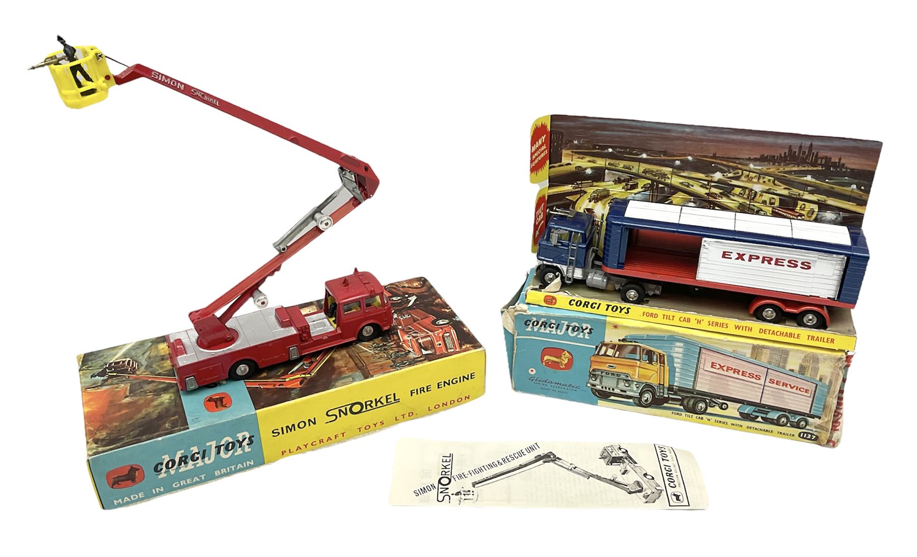 Corgi Major - Simon Snorkel Fire Engine No.1127 with figure and instruction leaflet; and Ford Tilt Cab 'H' Series with detachable trailer No.1137 with figure, inner diorama and packaging; both boxed (2)