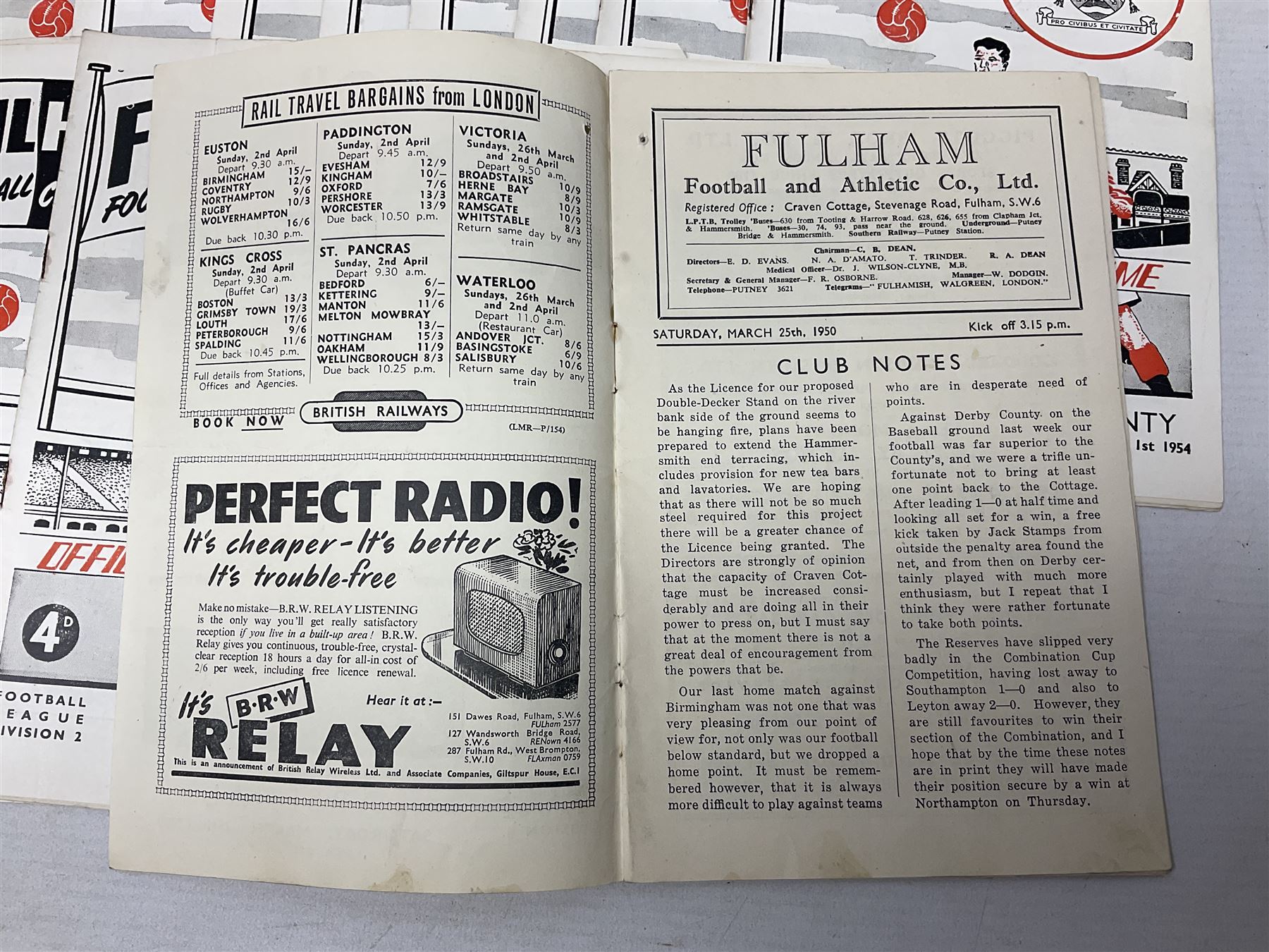 Fulham F.C. programmes - twenty-seven home matches 1949/50 - 1957/58; and two photocopies of memorabilia items