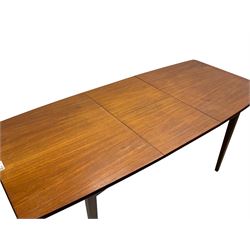 Mid-20th century teak dining table, extending rectangular top with fold-out leaf, on tapering supports