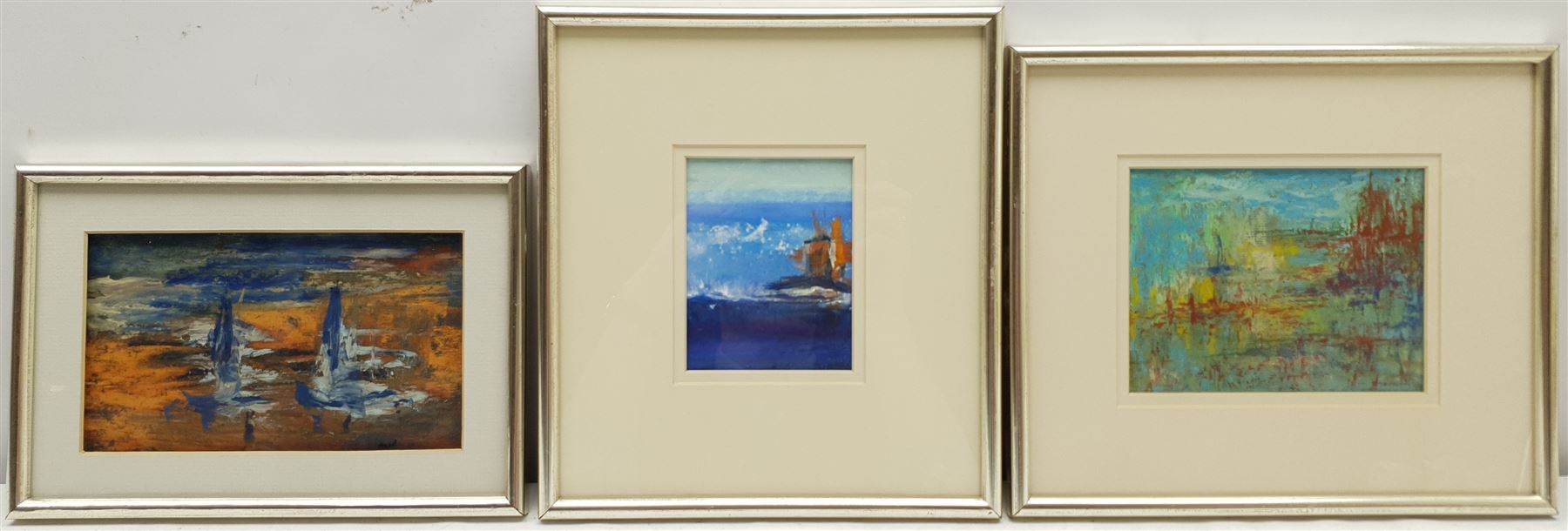 Madeleine Eyland (Belgian/British 1930-2021): Seascapes, three pastels signed, max 12cm x 20cm (3) 
Provenance: artist's studio collection. Marie-Madeleine Eyland (neé Legrain) was born in 1930 at Floriffoux, Belgium; she lived most of her life in Scarborough working as a nurse and an artist.