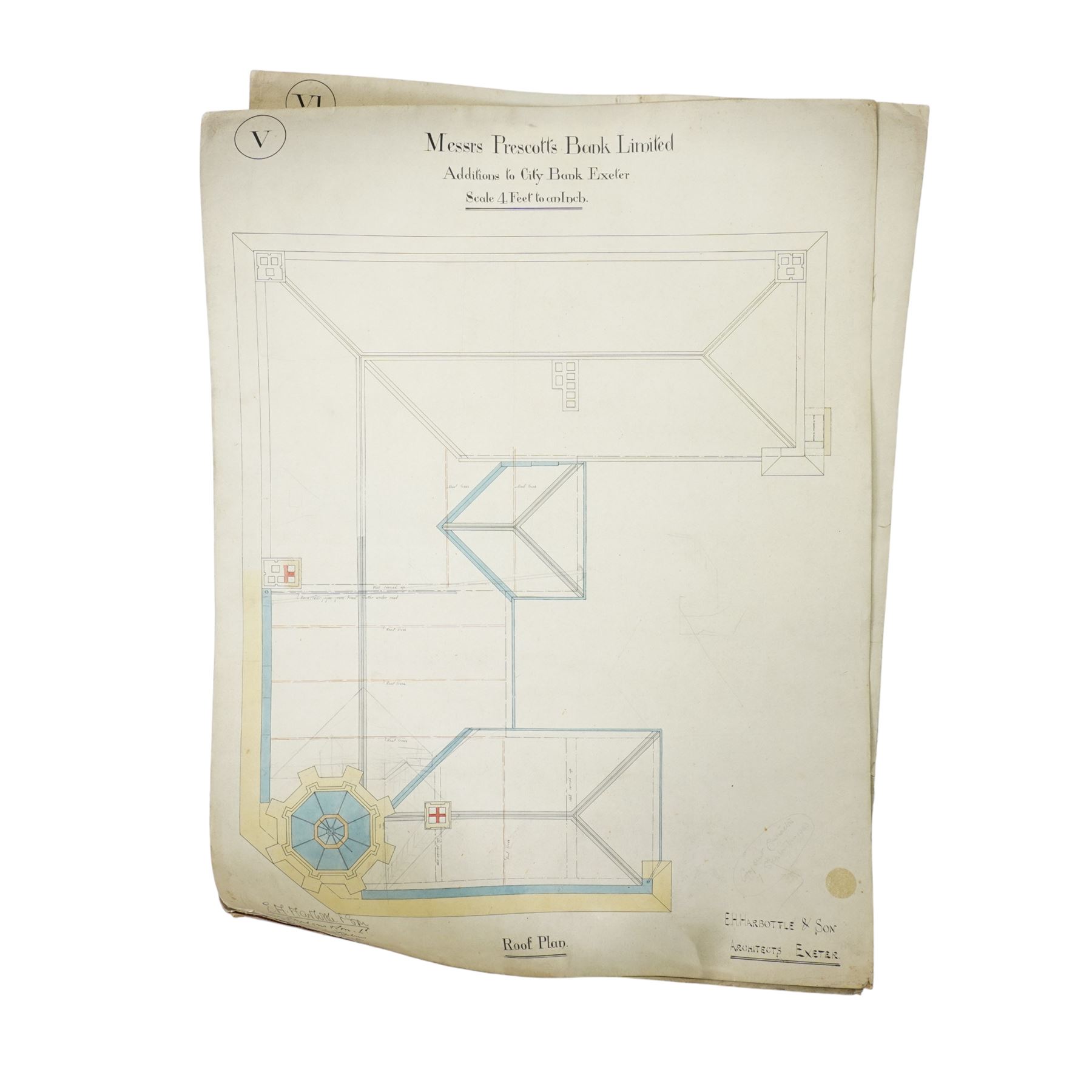  E H Harbottle & Sons Architects, Exeter - Set of architects drawings for additions to Prescott's Bank Ltd, Exeter mostly scale of 4ft to 1 inch