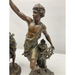 After Charles Octave Levy, pair of bronzed spelter figures, 'Industrie' and 'Commerce', upon stepped wooden plinth, H42cm