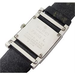 Gucci stainless steel quartz wristwatch model No. 7900 L, on leather strap, boxed with papers and receipt dated 2001