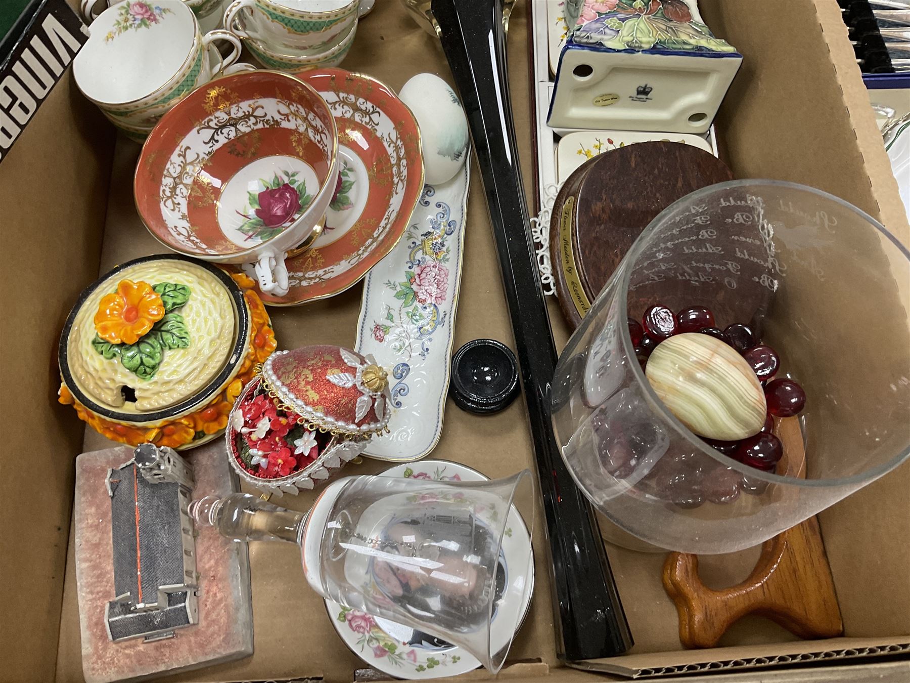 Old Tupton Ware floral decorated mantle clock, Wade Festival jug, Winsor tea wares and other ceramics, together with a collection of silver plate including blue glass lined salts, cutlery sets etc, two boxes 